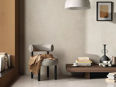 Gray Accent Chair With Armrest And Brown Coat Draped By Wooden Coffee Table With Books 3d model