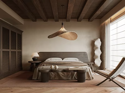Warm Bedroom Interior With Wooden Beam Ceiling Woven Pendant Light King Bed And Accent Chair 3d model