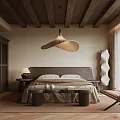 Warm Bedroom Interior With Wooden Beam Ceiling Woven Pendant Light King Bed And Accent Chair