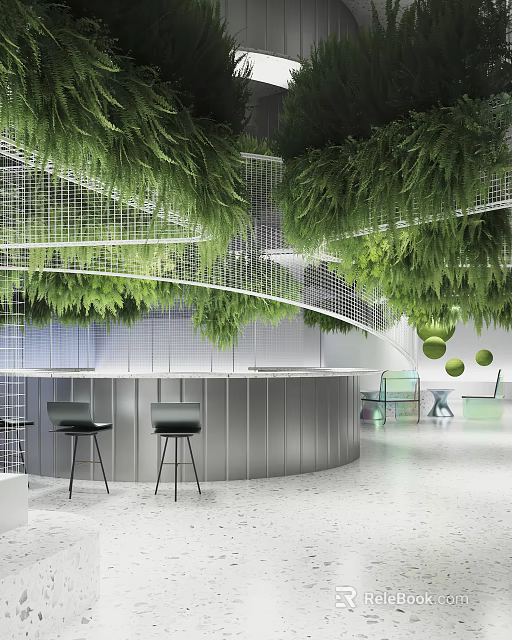 Modern Circular Bar Counter With Hanging Green Plants And Black Stools 3d model 