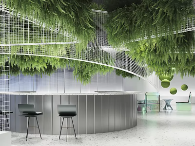 Modern Circular Bar Counter With Hanging Green Plants And Black Stools 3d model