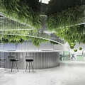Modern Circular Bar Counter With Hanging Green Plants And Black Stools