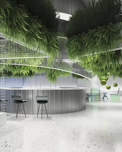 Modern Circular Bar Counter With Hanging Green Plants And Black Stools 3d model