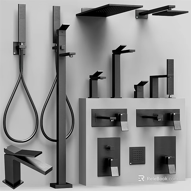 Modern Black Shower Faucet Set With Handheld Shower And Rain Head Components 3d model 