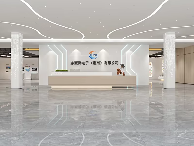 Modern Office Reception Desk Interior With White Columns Logo Plants And Marble Floor 3d model