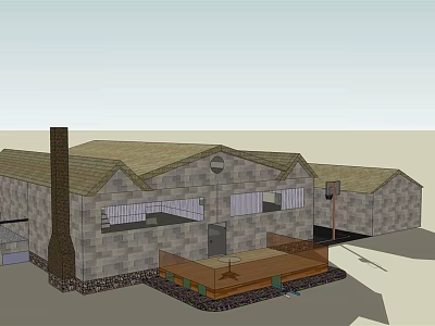 Rustic Stone Building With Pitched Roof Chimney Wooden Deck And Basketball Hoop 3d model