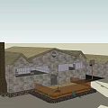 Rustic Stone Building With Pitched Roof Chimney Wooden Deck And Basketball Hoop