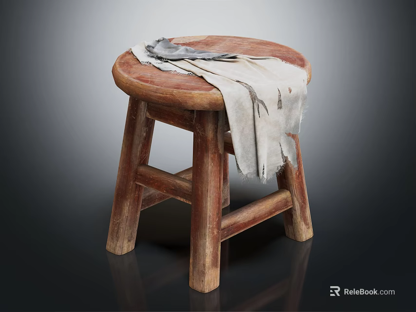 Vintage Round Wooden Stool With Frayed Cloth And Tools On Top 3d model 