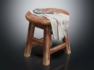 Vintage Round Wooden Stool With Frayed Cloth And Tools On Top 3d model