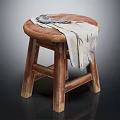 Vintage Round Wooden Stool With Frayed Cloth And Tools On Top