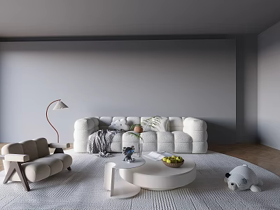 Cozy Modern White Sofa Set Interior With Armchair Floor Lamp Coffee Table And Rug 3d model