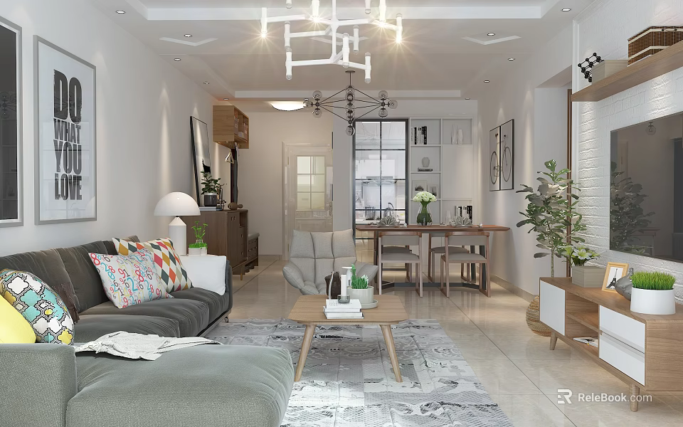 Modern Living Dining Room Interior Design With Sofa Coffee Table Dining Set And Chandelier 3d model 