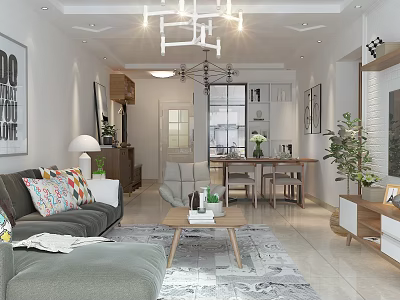 Modern Living Dining Room Interior Design With Sofa Coffee Table Dining Set And Chandelier 3d model