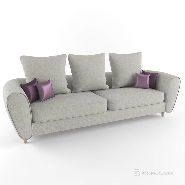 Modern Gray Sectional Sofa With Three Large Cushions And Purple Pillows 3d model