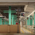 Modern Food Court Interior With Traffic Signs Tables Chairs And Tire Decorations