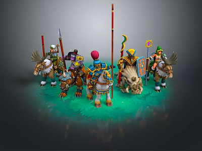 Men Riding Fantasy Mythical Creatures With Various Weapons And Colorful Flags 3d model
