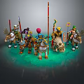 Men Riding Fantasy Mythical Creatures With Various Weapons And Colorful Flags
