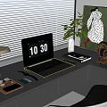 Modern Desk Setup With Laptop Table Lamp Coffee Cup And Green Plant