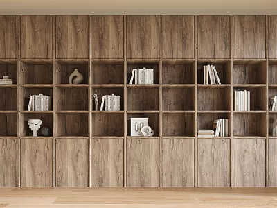 Modern Wooden Built in Bookshelf Design With Books Decorative Items And Photo Frames 3d model