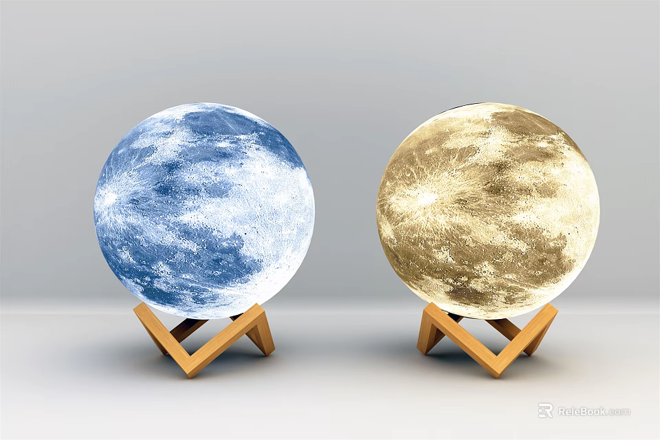 Lunar Surface Table Lamps With Blue Gold Colors And Wooden Triangle Stand 3d model 