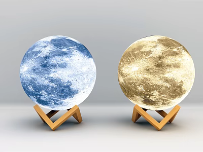 Lunar Surface Table Lamps With Blue Gold Colors And Wooden Triangle Stand 3d model