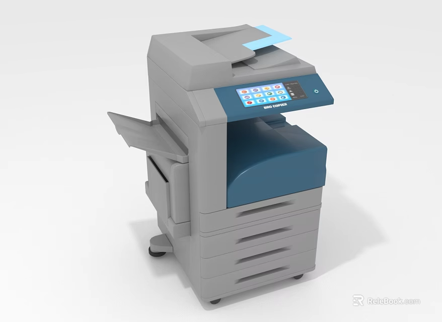 Multifunctional Gray and Blue Office Appliance with Control Panel and Paper Trays 3d model