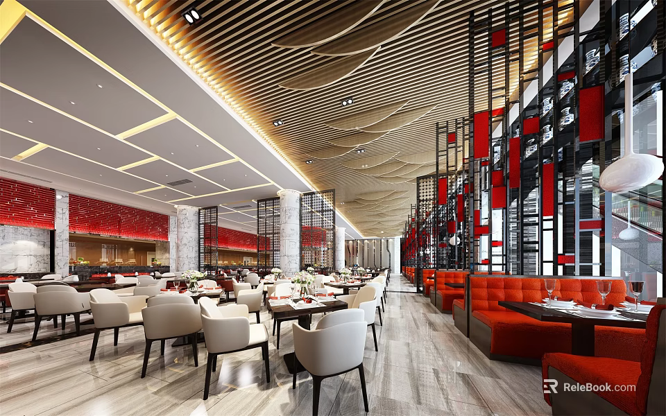 Modern Restaurant Interior With Wooden Ceiling Red Black Screens White Chairs And Orange Sofas 3d model 