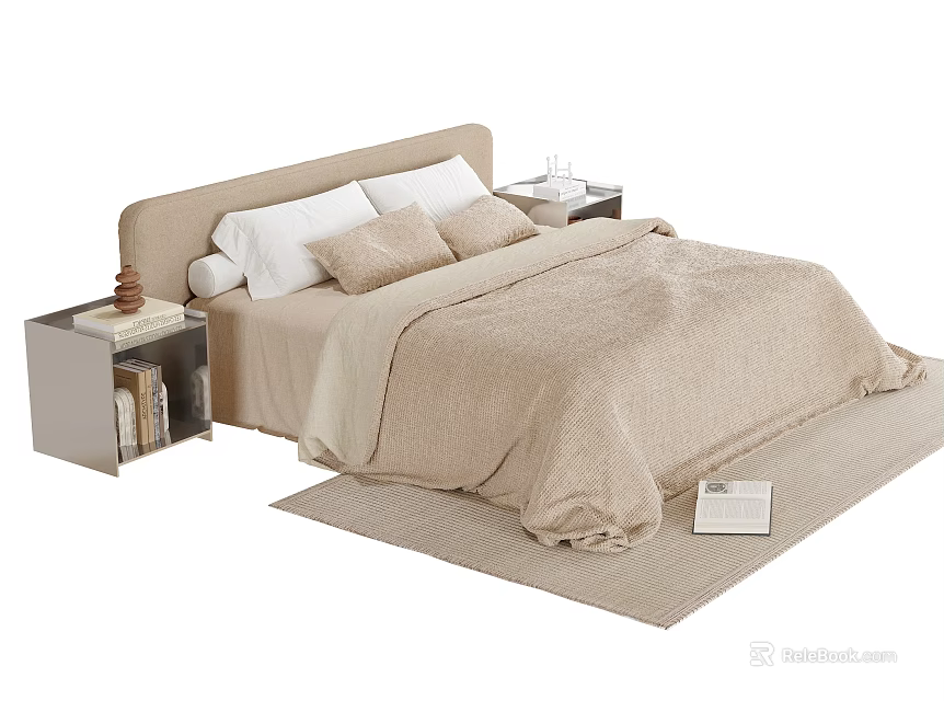 Modern Double Bed with Beige Comforter Pillows and Modern Nightstands on Rug 3d model 