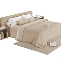 Modern Double Bed with Beige Comforter Pillows and Modern Nightstands on Rug