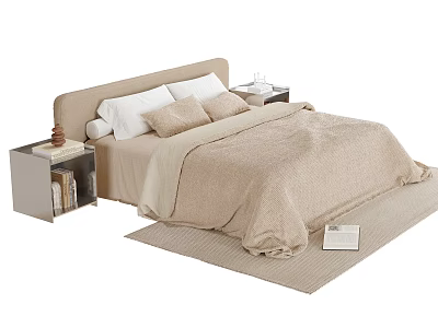 Modern Double Bed with Beige Comforter Pillows and Modern Nightstands on Rug 3d model