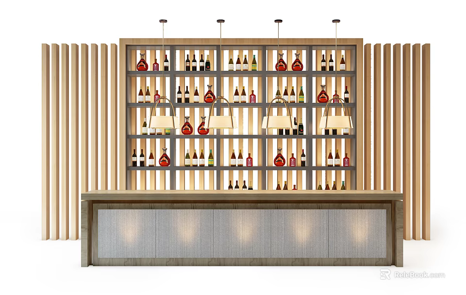 Modern Bar Counter Featuring Wine Racks With Wine Bottles Hanging Pendant Lights And Vertical Slats 3d model 