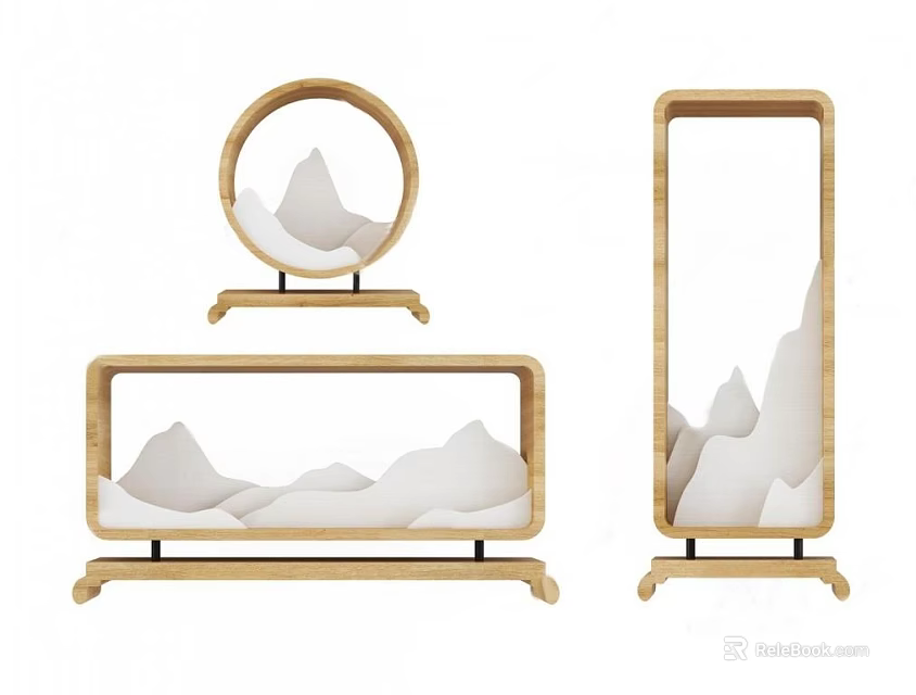 Decorative Ornament Set With Wooden Frames Circular And Rectangular Mountain Designs 3d model
