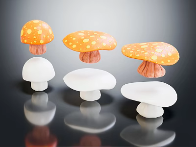 Orange Spotted Mushrooms And White Mushrooms Displayed On Dark Background With Reflections 3d model