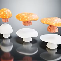 Orange Spotted Mushrooms And White Mushrooms Displayed On Dark Background With Reflections