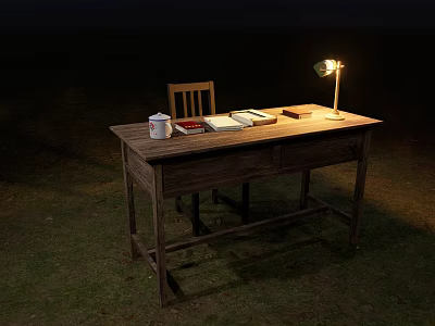 Wooden Desk And Chair with Table Lamp White Cup Books Notebook in Grass At Night 3d model