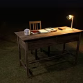 Wooden Desk And Chair with Table Lamp White Cup Books Notebook in Grass At Night