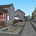 Traditional Commercial Street With Riverfront Buildings And Pedestrian Layout Design