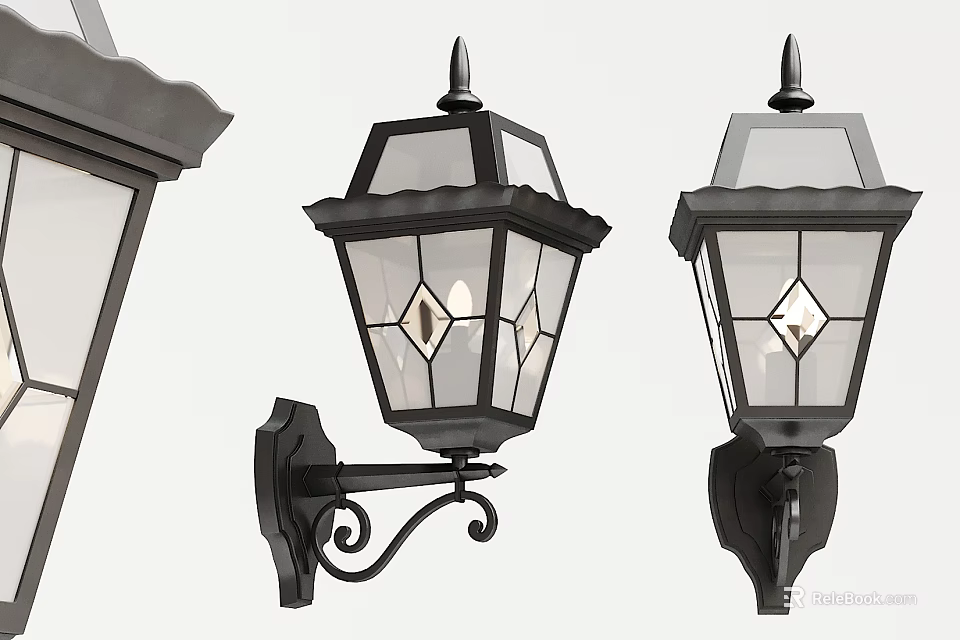 Traditional Black Metal Wall Lights With Decorative Glass Panels And Ornate Brackets 3d model 
