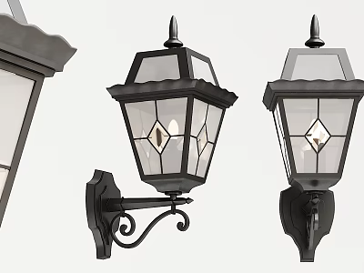 Traditional Black Metal Wall Lights With Decorative Glass Panels And Ornate Brackets 3d model