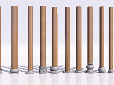 Multiple Wooden Columns Featuring Tapered Tops And Different Base Designs Neatly Arranged 3d model