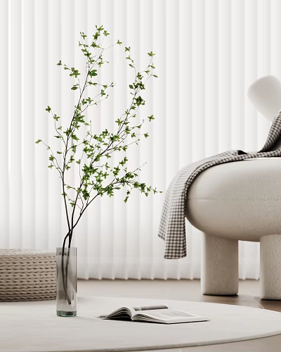 Green Branches in Glass Vase with White Blinds Beige Sofa Plaid Blanket and Woven Basket 3d model