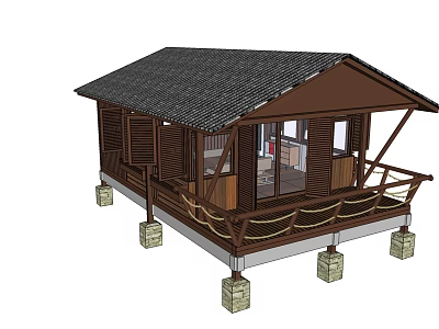 Traditional Wooden House With Black Shingle Roof Porch Stone Pillars Railing And Open Windows 3d model
