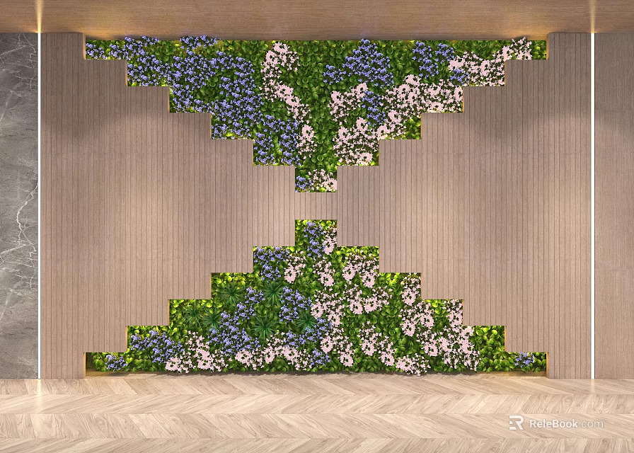 Green Plant Wall with Blue and White Flowers in Indoor Wooden Setting 3d model 