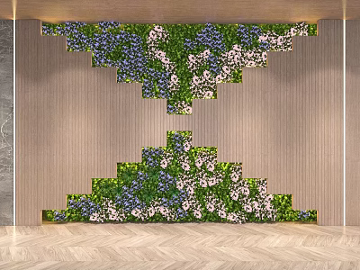 Green Plant Wall with Blue and White Flowers in Indoor Wooden Setting 3d model