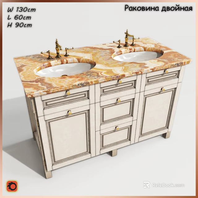 Double Sink Bathroom Vanity With Marble Countertop Beige Cabinets Drawers And Doors 3d model 