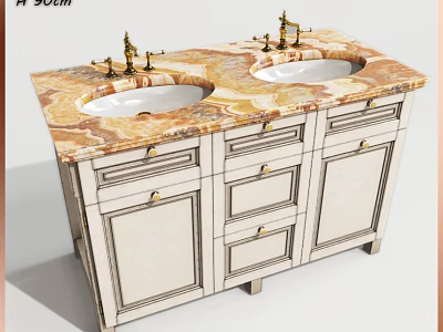 Double Sink Bathroom Vanity With Marble Countertop Beige Cabinets Drawers And Doors 3d model