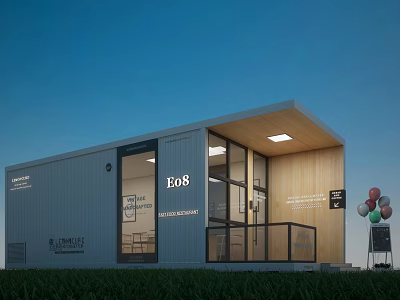 FO8 Container Café With Wooden Exterior And Large Glass Windows On Green Lawn 3d model