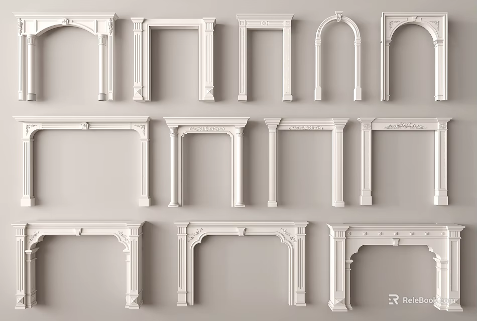 White Door Frames Featuring Various Designs Arched Rectangular Shapes And Intricate Carved Details 3d model 