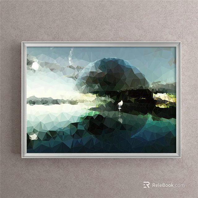 Framed Abstract Painting With Geometric Polygonal Design Teal Blue Green Hues And Water Reflection 3d model 