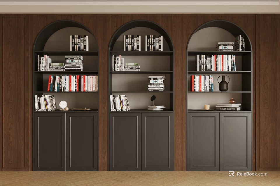 Dark Colored Arched Design Bookcases With Multiple Shelves Books And Decorative Items In Wooden Background 3d model 